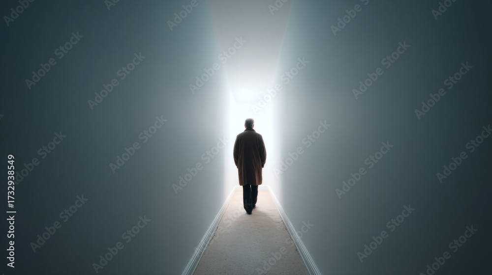 Obraz premium Shadowy figure walking towards light at the end of a narrow hallway