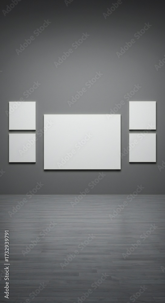 Fototapeta premium Five blank canvases (two small, three large) on a smooth gray wall, polished wooden floor, soft ambient lighting, reflections on the floor, minimalist design, calm and open space.