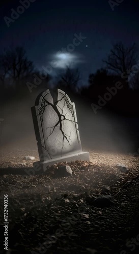 Dark night view in a cemetery with a cracked tombstone illuminated by a light beam, spooky mystical grave concept motion.