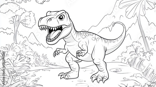 Line art illustration of a tyrannosaurus rex dinosaur in a natural setting