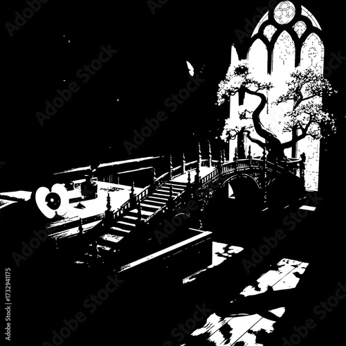 The Scholar's Secret Garden: An ancient desk opens to a mystical stone bridge leading to a glowing, cyan-leaved bonsai tree set against a gothic stained-glass window, merging terrestrial knowledge wit