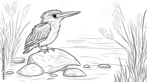 Illustration of a kingfisher bird perched on a rock near reeds