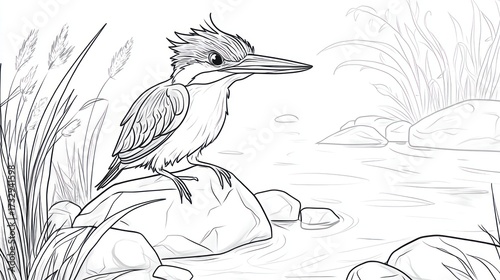 Illustration of a kingfisher bird resting on a rock in a natural habitat