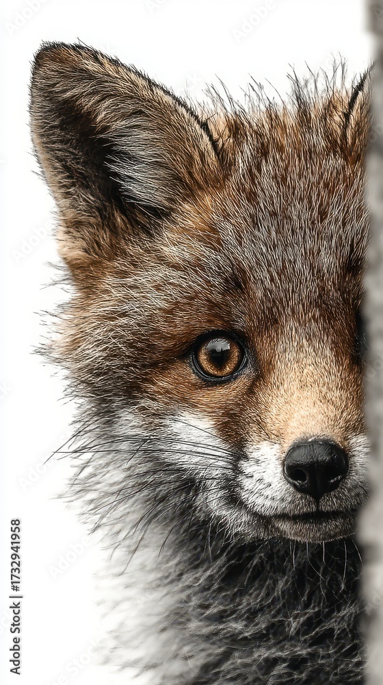 Fototapeta premium Curious fox peeking around a tree during a bright day in a forest habitat
