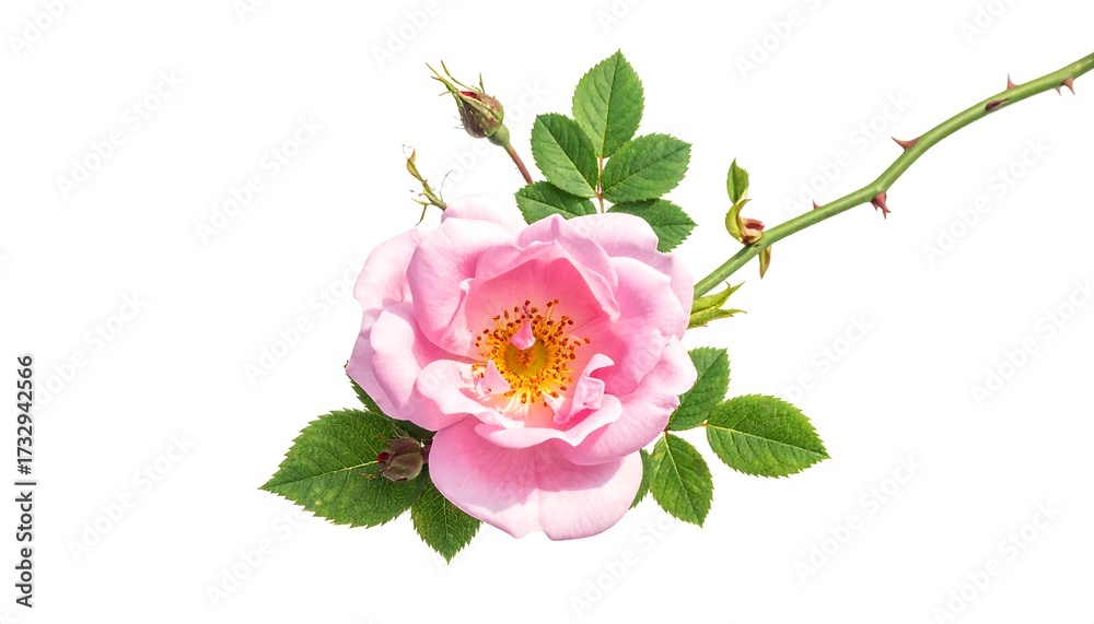 Naklejka premium A delicate, pink flower with a yellow center, buds, and vibrant green leaves and stem against a stark white background