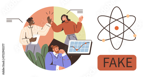 Diverse professionals discussing charts, data, and teamwork contrasted with a fake science diagram, hinting at misinformation. Ideal for teamwork, science fraud, data analysis, skepticism, education