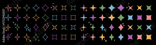 Festive chalk firework star burst set in graphic outline forms on black. Magic sparkle symbol collection for party decor. Playful burst and star shape design brighten any black background.
