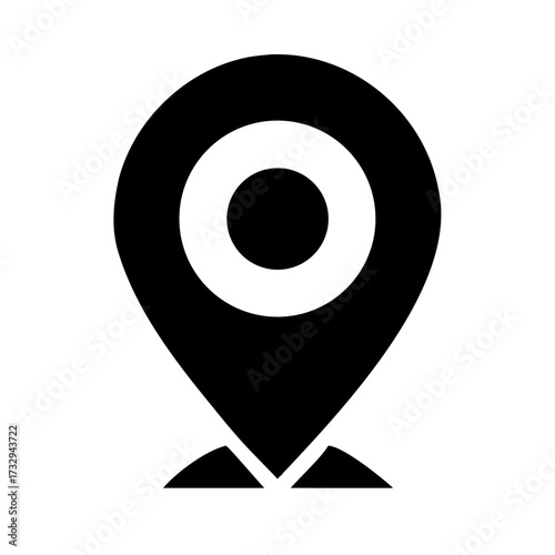 Bold black location pin icon symbolizing navigation destination discovery and pinpoint accuracy for modern digital mapping and travel planning