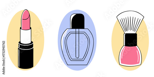 Chic makeup essentials collection featuring lipstick, perfume bottle, and cosmetic brush in stylish flat design icons perfect for beauty brands.