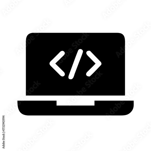 Modern laptop displays code symbols representing software development and programming success for digital innovation
