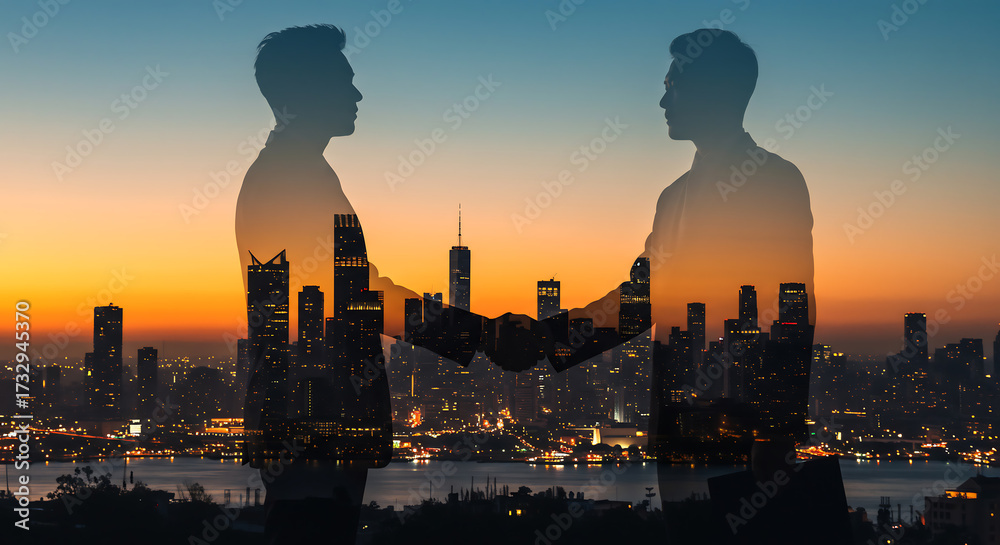 Naklejka premium Two businessmen shake hands, double exposed with a vibrant city skyline at sunset