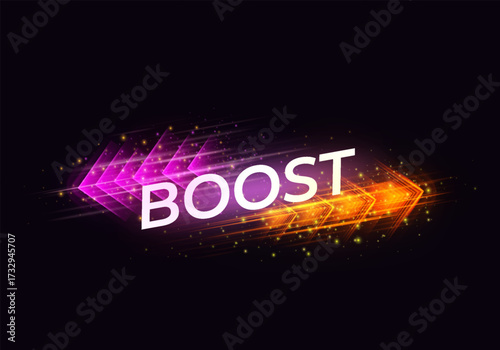 Neon speed arrows, orange and pink, with glowing particles and boost inscription.