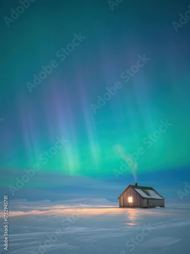 A small, light-filled cabin bathed in the aurora borealis