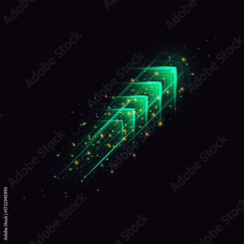 Speed rush arrows neon green glowing, vector dynamic light trails on dark background, energy flow acceleration effect