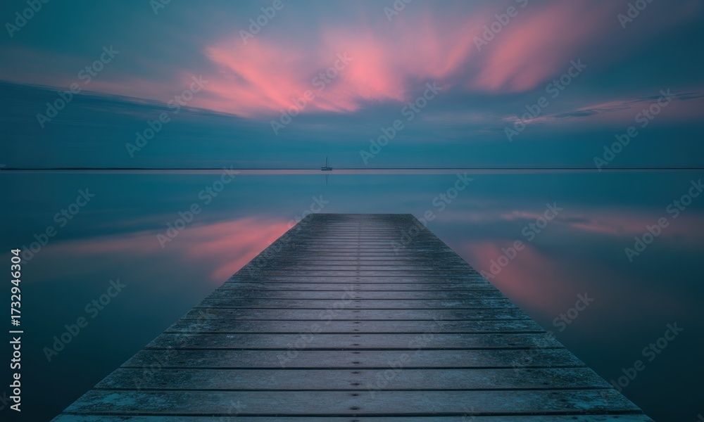 Obraz premium A tranquil wooden pier extends into a serene lake at sunset. Peaceful, mirrored reflections, soft pastel colors, calm water, and a distant sailboat are visible