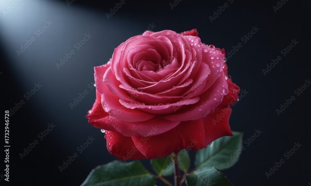 Fototapeta premium A vibrant pink and red rose, highlighted by a spotlight, sits against a dark backdrop. Dewy drops cling to its petals