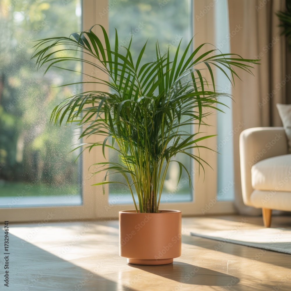 Fototapeta premium A vibrant palm plant in a terracotta pot, bathed in sunlight, sits in a modern living space, near large windows