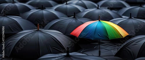 A vibrant, multicolored umbrella stands out amongst a sea of identical black umbrellas, symbolizing individuality and standing apart from the crowd