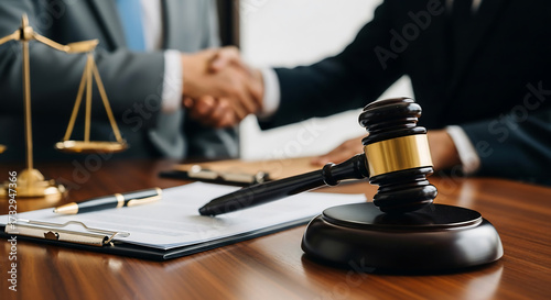 Gavel, scales of justice, and documents on a professional desk. A blurred handshake signifies a legal agreement or consultation