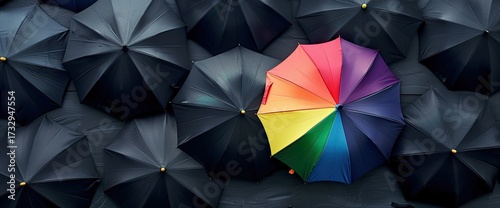 A vibrant rainbow umbrella stands out amongst a sea of dark umbrellas, symbolizing individuality and standing apart from the crowd