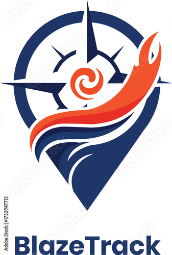 BlazeTrack logo combines a sharp compass and location pin with a flowing flame, symbolizing guidance, energy, and adventurous spirit. Perfect for navigation, exploration, or outdoor brand identities.