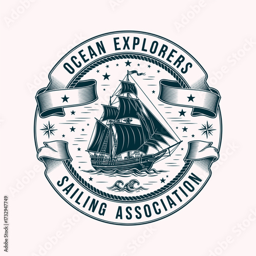 Vintage nautical emblem with a sailing ship, stars, and banners for the Ocean Explorers Sailing Association.