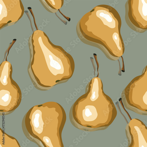 Seamless pattern with pear on color background. Natural delicious fresh ripe tasty fruit. Sweet pears with leaves. Food concept. Vector illustration for print, fabric, textile.