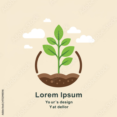 Seedling growing in soil within a circle under clouds