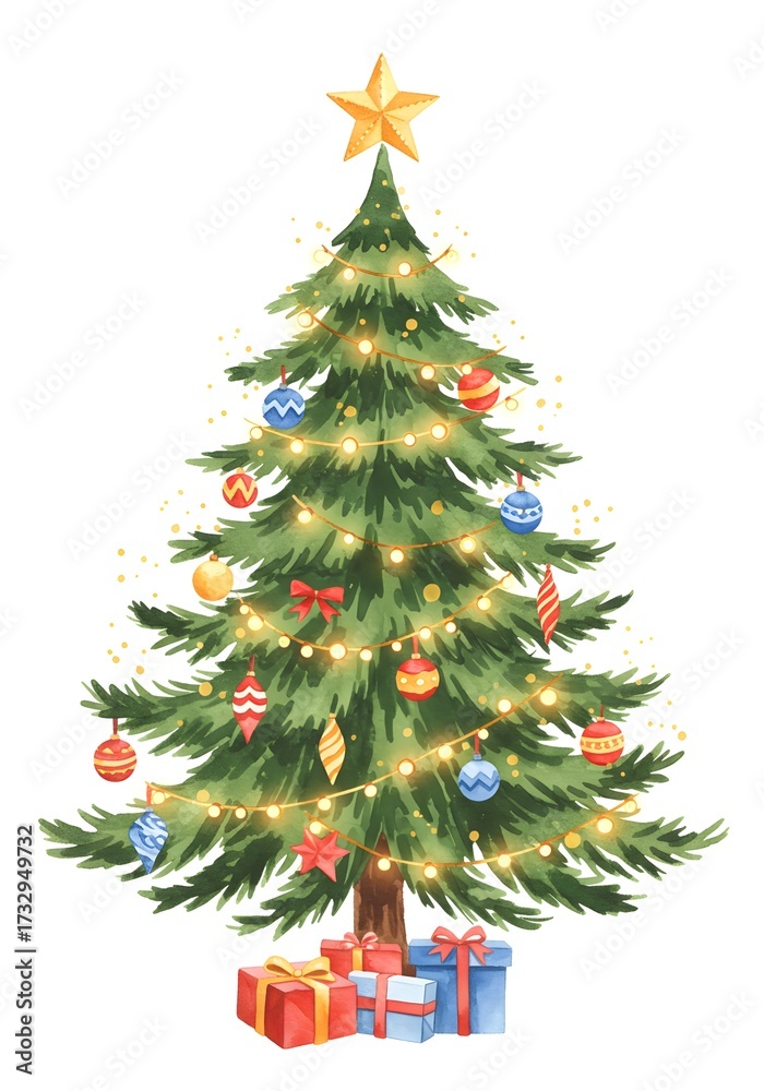 Fototapeta premium Christmas tree with decorations and gifts on white background 