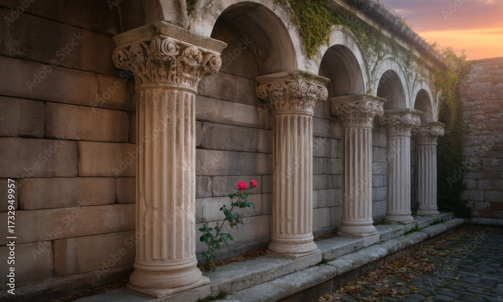 Fototapeta premium Ancient arches and pillars, a single rose