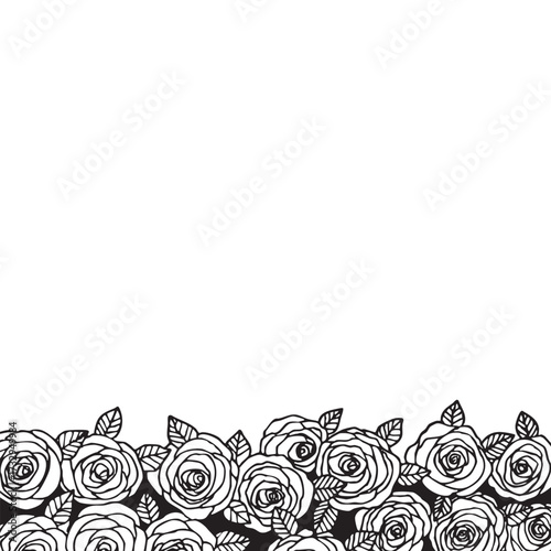 Rose flowers with leaves. Floral hand drawn art ornamental background. Doodle style. Vector illustration. Simple minimalistic nature design.