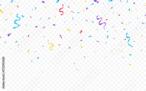 Confetti celebration background. Colorful serpentine ribbons on transparent backdrop. Party, birthday or festive design template. Bright paper streamers. Vector Illustration.