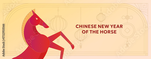 Chinese zodiac horse 2026 horizontal illustration. Red and gold geometric background with lanterns and festive motifs. Modern lunar new year card, poster or decorative calendar cover.