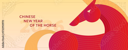 Horse zodiac 2026 abstract design. Red and gold linear background with festive lanterns, silhouettes and cultural symbols. Horizontal card, banner or decorative poster for new year.