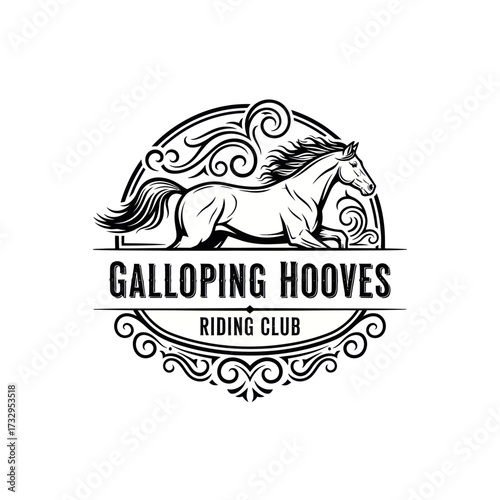 Vintage style logo for Galloping Hooves Riding Club featuring a dynamic horse illustration within an ornate circular frame.