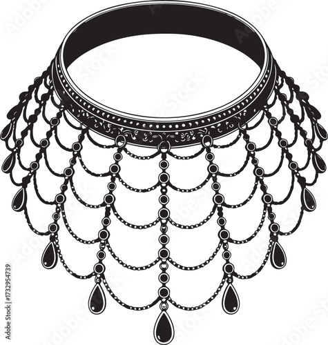 Intricate black choker necklace with dangling gemstones