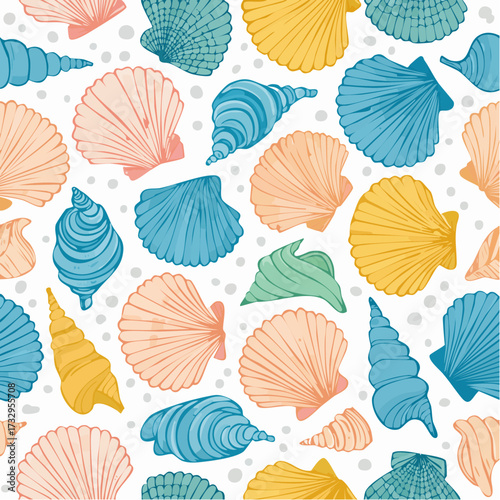 Ocean seamless pattern, vector doodle sea shell hand drawn texture, nautical whimsical background.