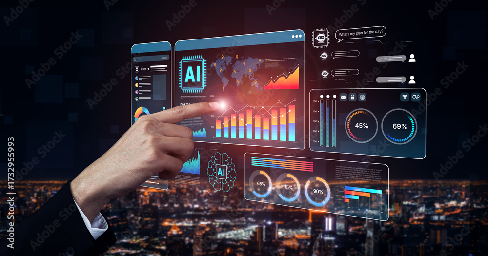 Fototapeta premium AI Assistant Brain Processor with LLM Technology, Big Data, Machine Learning, Generative AI for Business Support, Future Agentic AI Technology and Artificial Intelligence Prompt Engineering. Spline