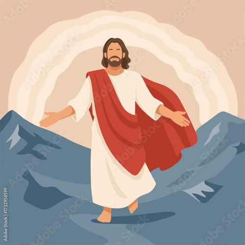 Vector illustration of Jesus Christ with open arms, religious Christian art, holy figure on mountain with halo background