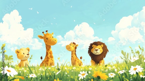 Illustration of friendly lion and giraffe with green grass against a blue sky