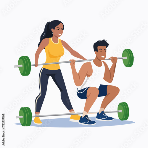 A woman spots a man squatting with a barbell. Fitness training, strength building, and healthy lifestyle concept. Modern gym setting.