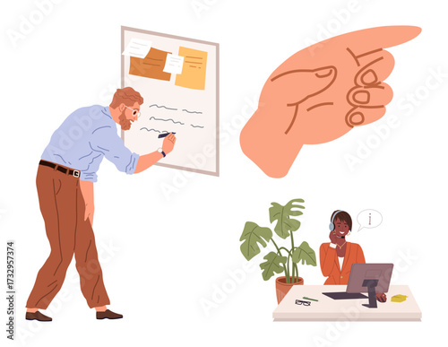 Man writing on board with notes, hand pointing for emphasis, woman in headset at desk. Ideal for teamwork, project planning, customer service, education, communication, management simple flat