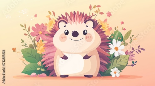 Charming cartoon hedgehog with flowers illustration perfect for design projects