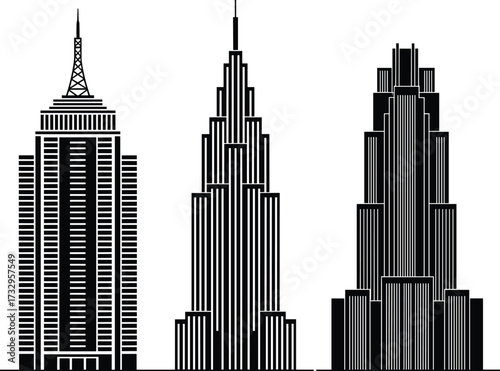 "Stylized Silhouettes of Three Distinct Skyscrapers Featuring Tiered Designs, Spires, and Window Patterns for Urban Architecture Illustration"