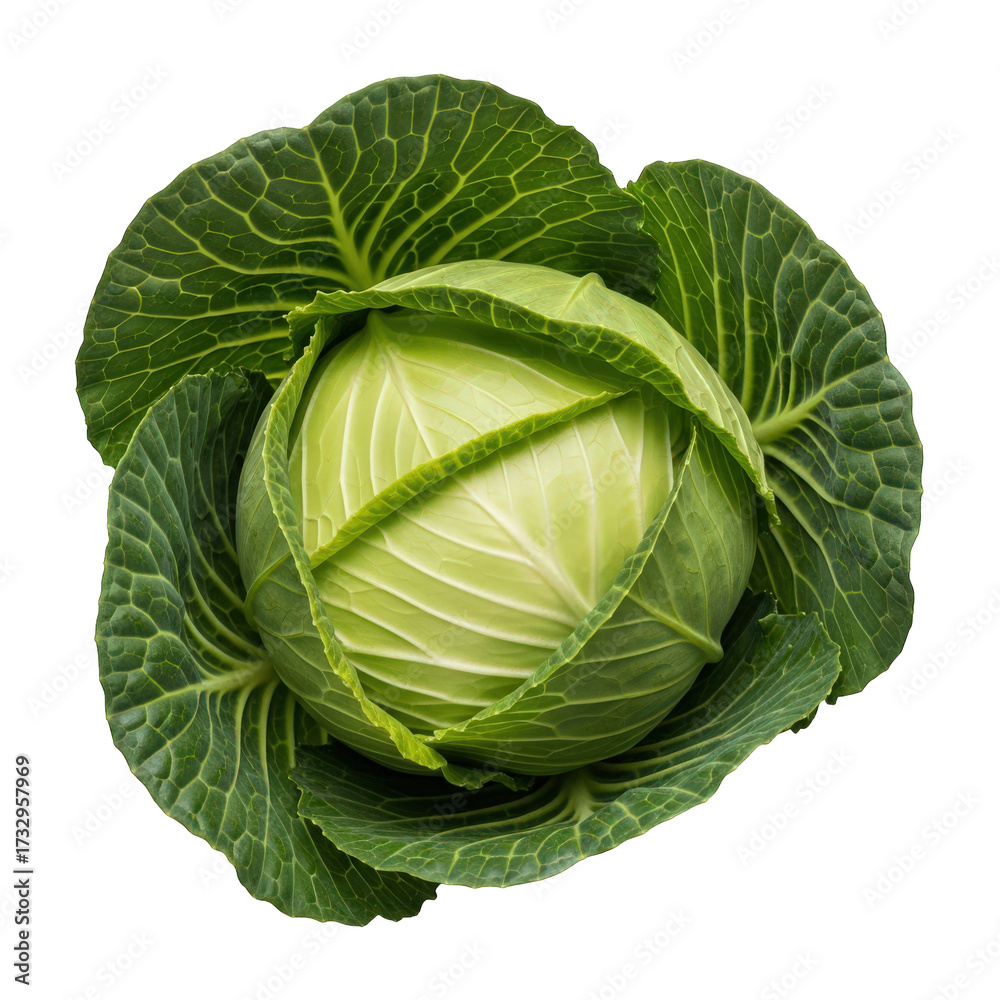 Fototapeta premium Cabbage Close Up Isolated Head of Fresh Green Cabbage with Leaves Healthy Vegetable Plant Ingredient for Cooking Vegetarian Dish Market Food