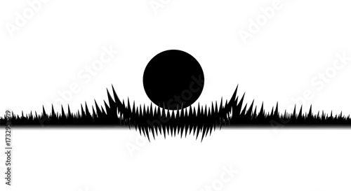 Minimalistic black and white landscape illustration featuring a dark moon and grass