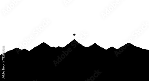 Monochromatic mountain range silhouette with a singular star shining above the highest peak