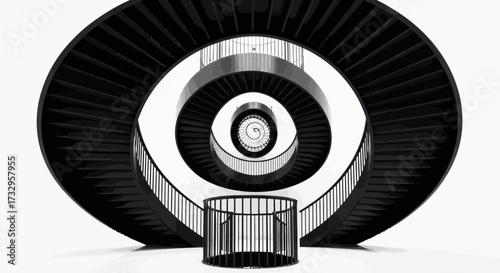 Monochromatic spiral staircase rendering evokes a sense of ascension and depth with repeating