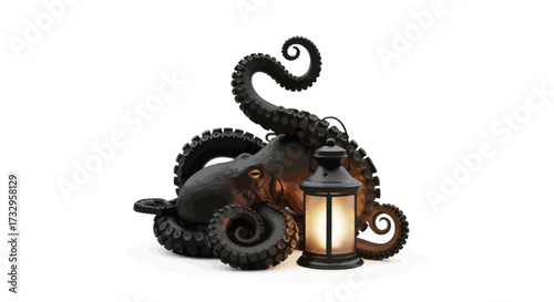 Mystical octopus with an antique lantern on a seamless white backdrop for digital design projects