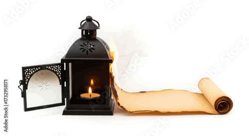 Nostalgic composition featuring vintage lantern soft candlelight and aged scroll